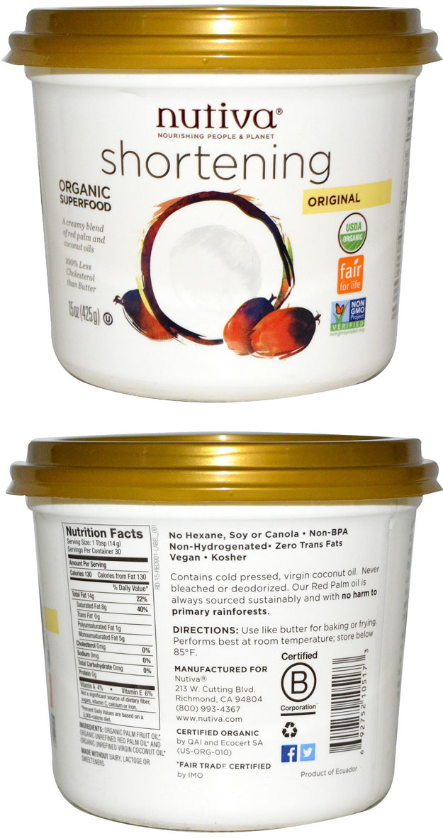 Organic Shortening, Original, Red Palm and Coconut Oils, 15 oz (425 g)